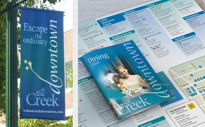 Outdoor lamp post banner design for downtown Walnut Creek, plus dining guide design.