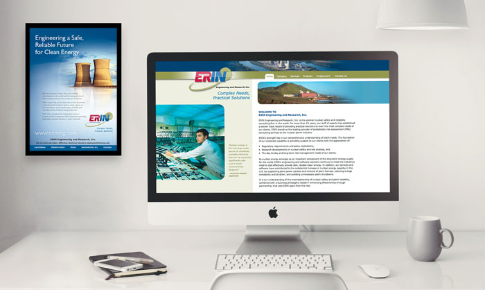 Website design shown on a desktop computer, plus print advertising display.
