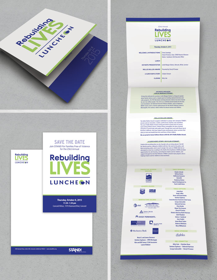 Event branding package: invitation, save the date postcard, program guide, stationery