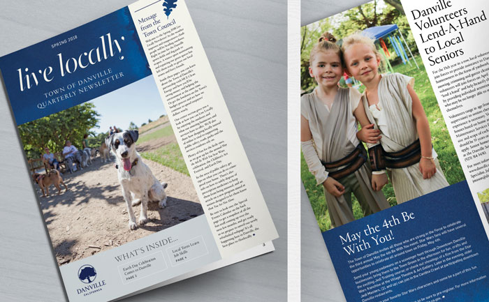 Cover design for Danville's newsletter, and close-up of interior page