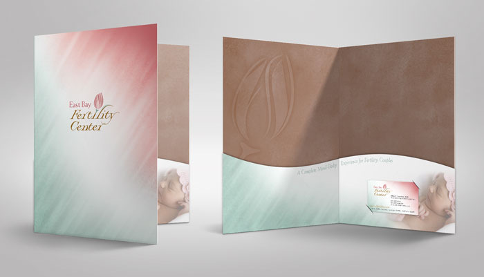 Graphic design for a presentation folder for East Bay Fertility, with curved pockets and metallic gold pantone background color