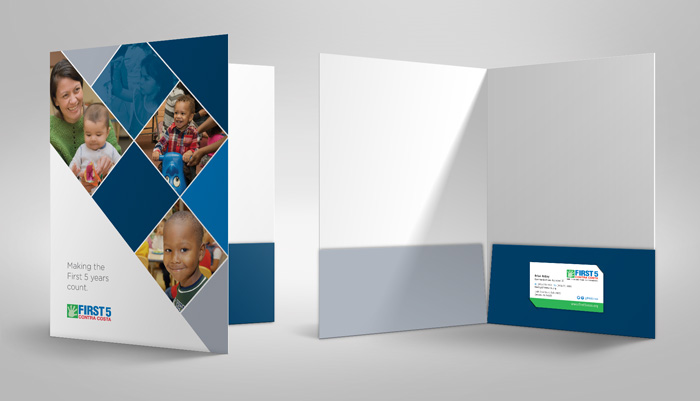 Presentation folder design with business card pocket for non-profit printed literature materials