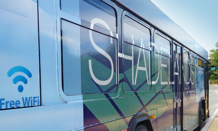 Logo and branding for Shadelands Walnut Creek, including bus wrap design