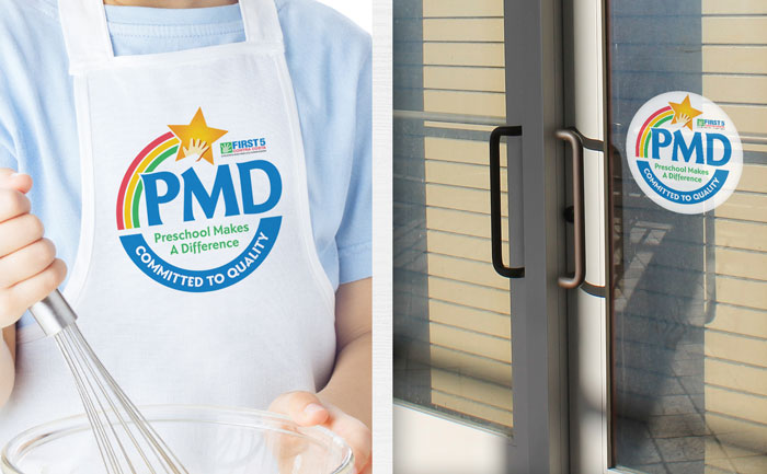 Logo design shown on apron and window decal